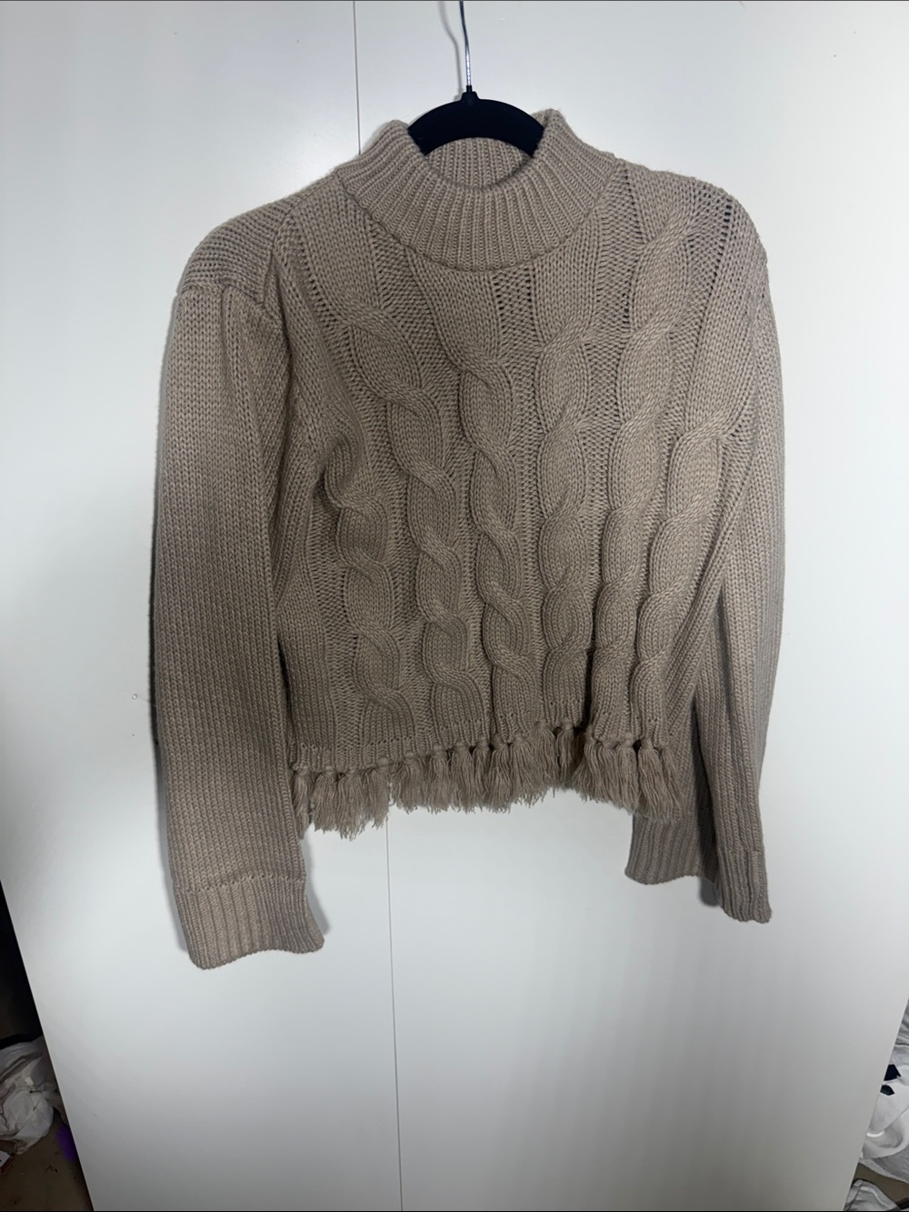 Tassel-Hem Cable Knit Sweater - Taupe